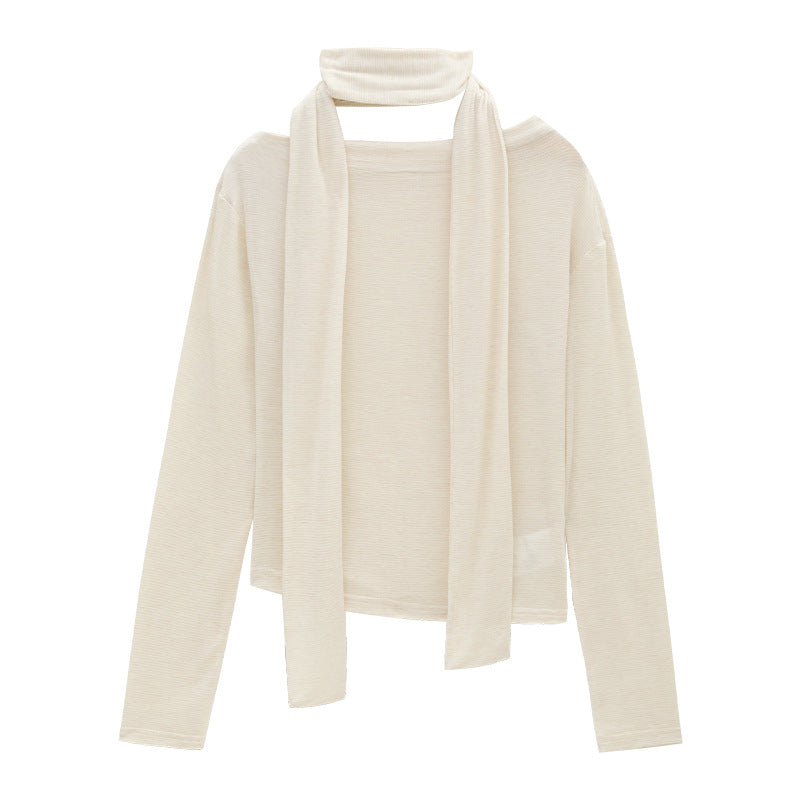 Asymmetric Off-Shoulder Draped Knit Top with Scarf