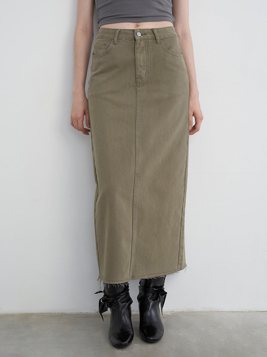 High Waist Straight Vintage Wash Denim Maxi Skirt