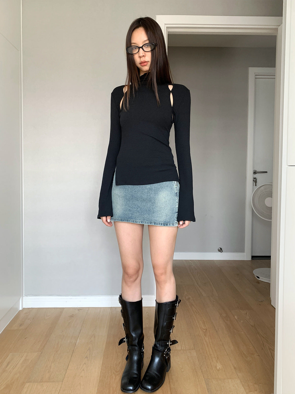 Mock Neck Ribbed Long Sleeve Cutout Top