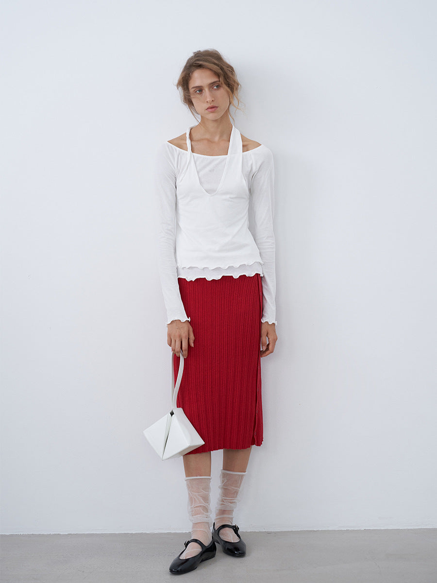 Ribbed Knit Midi Buttoned-Side Slim Skirt