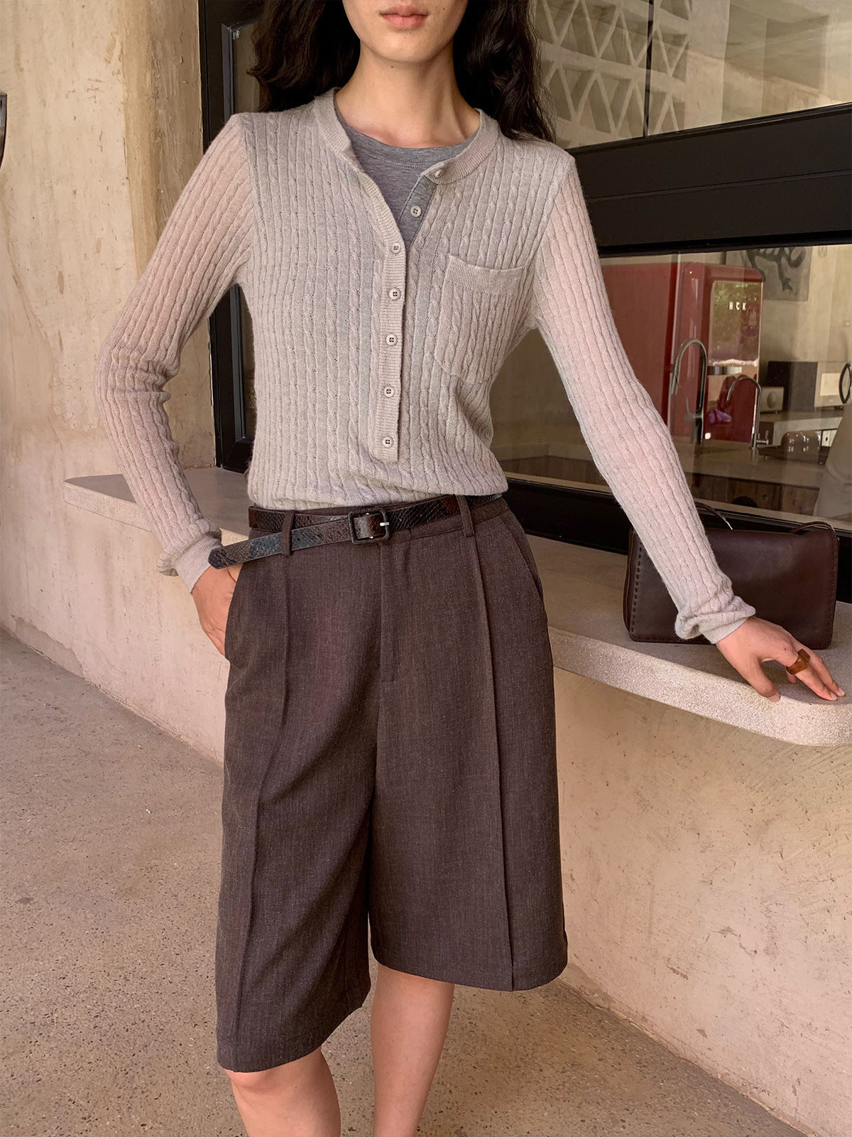 High-Waist Pleated Straight-Leg Blazer Shorts with Belt
