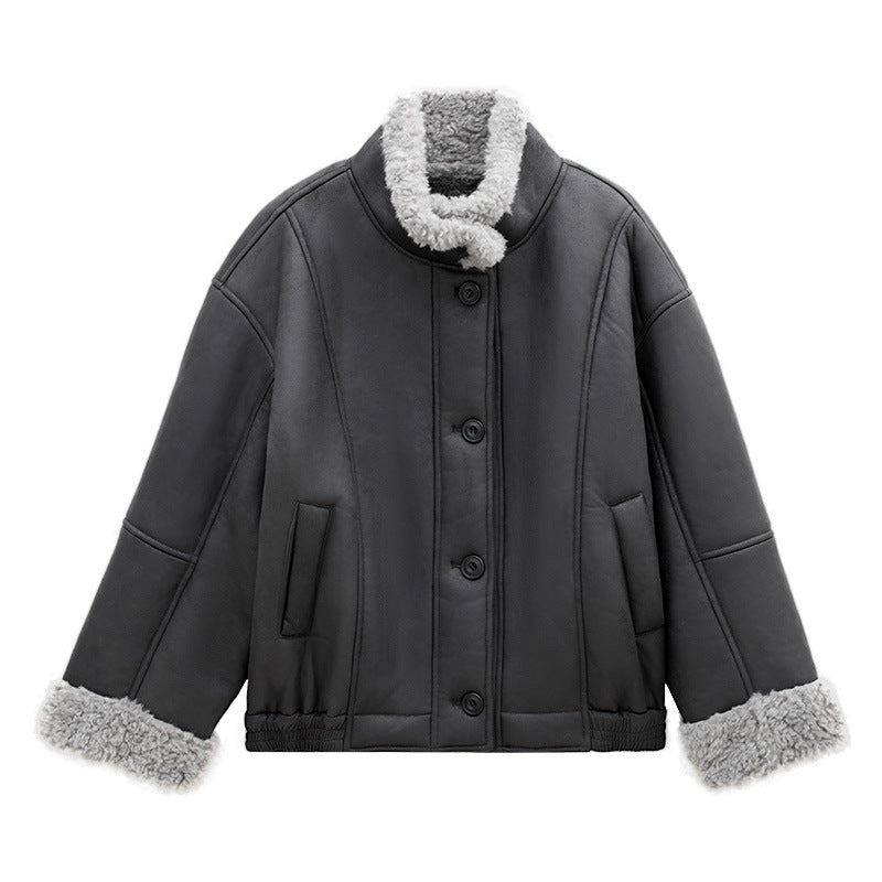 Plush Collar Faux-Leather Shearling-Lined Jacket