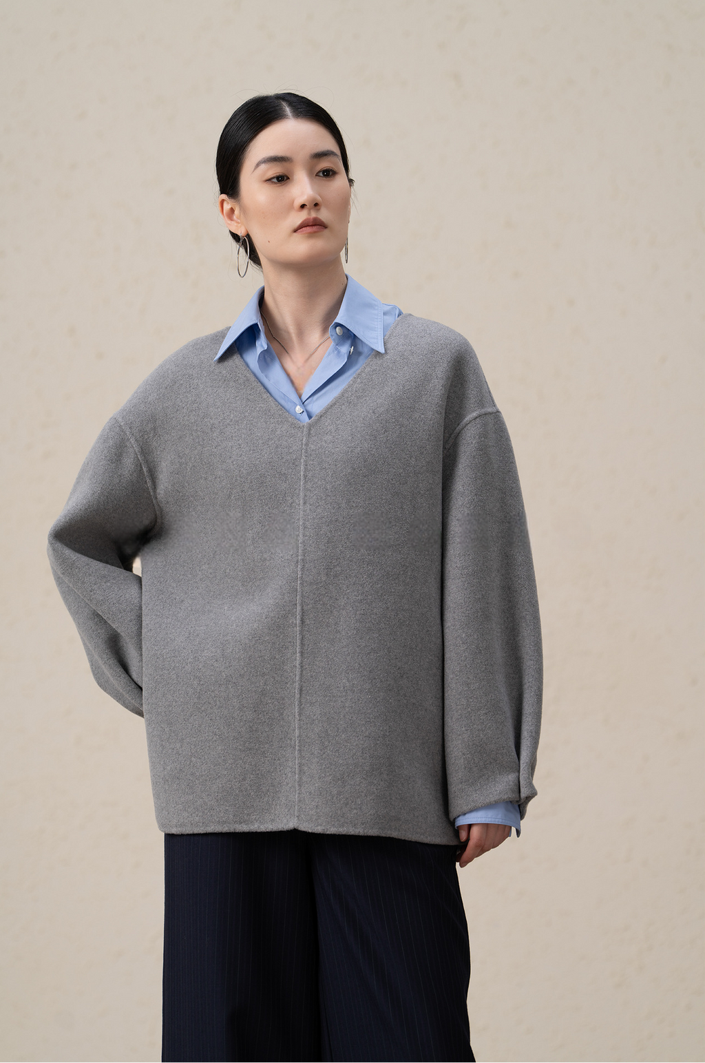 Merino Wool & Cashmere Double-Sided V-neck Coat