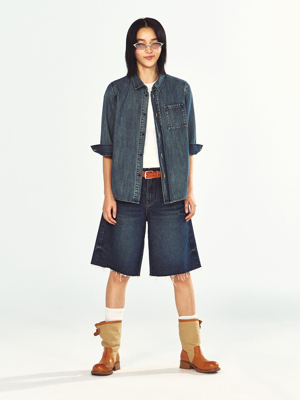 Three-Quarter Sleeve Denim Shirt