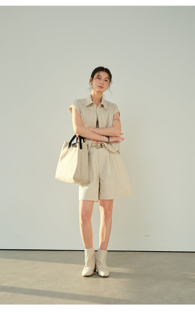 Linen Casual Wide-leg Belt Shorts