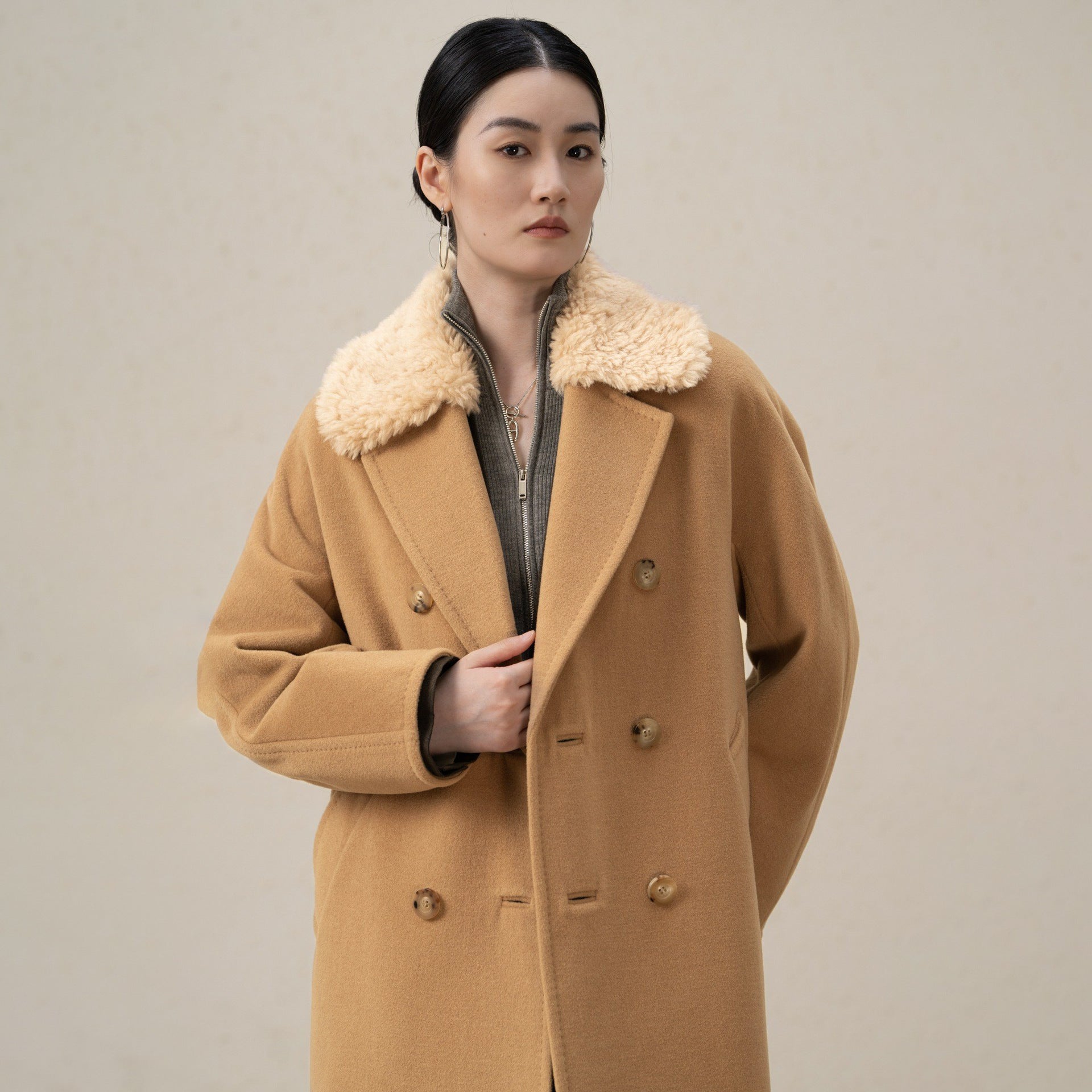 Double-Breasted Merino Wool & Cashmere Coat with Shearling Collar