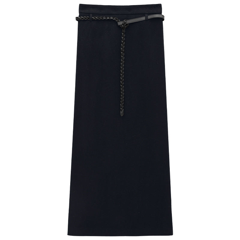 Hepburn Style Wool Straight Cut Maxi Skirt with Stylish Rope Belt