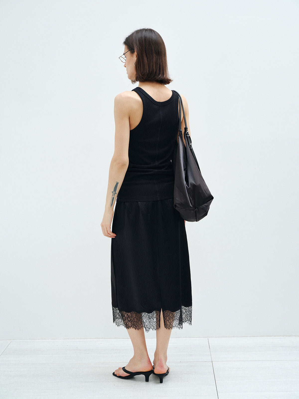 Satin Lace Hem Slip Midi Skirt
