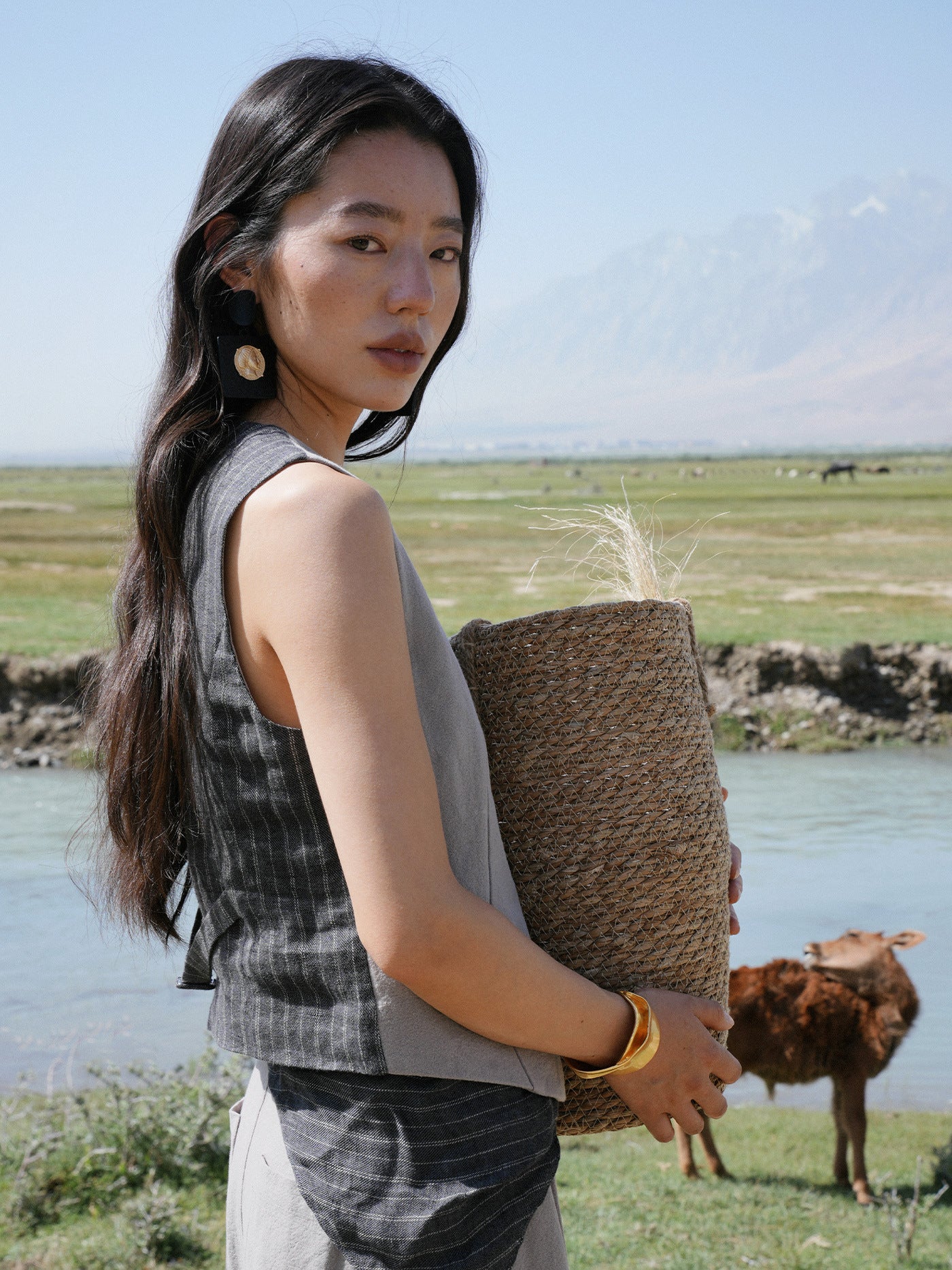 V-Neck Linen Patchwork Suit Vest