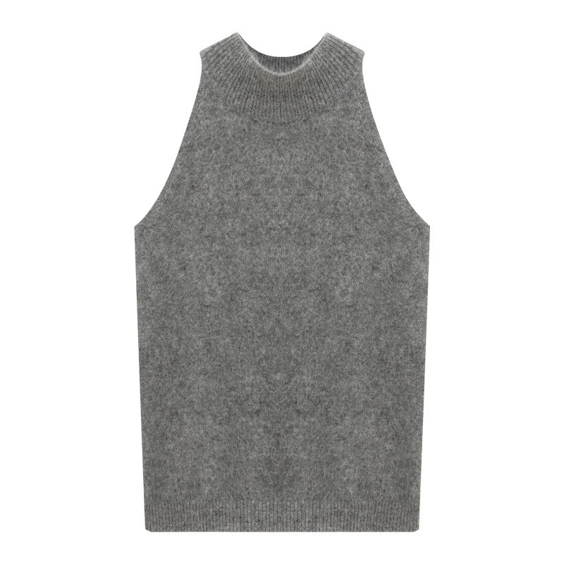 Fuzzy Knit High-Neck Sleeveless Sweater Top