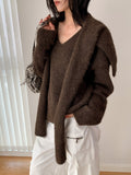 Fluffy V-Neck Knit Sweater with Scarf