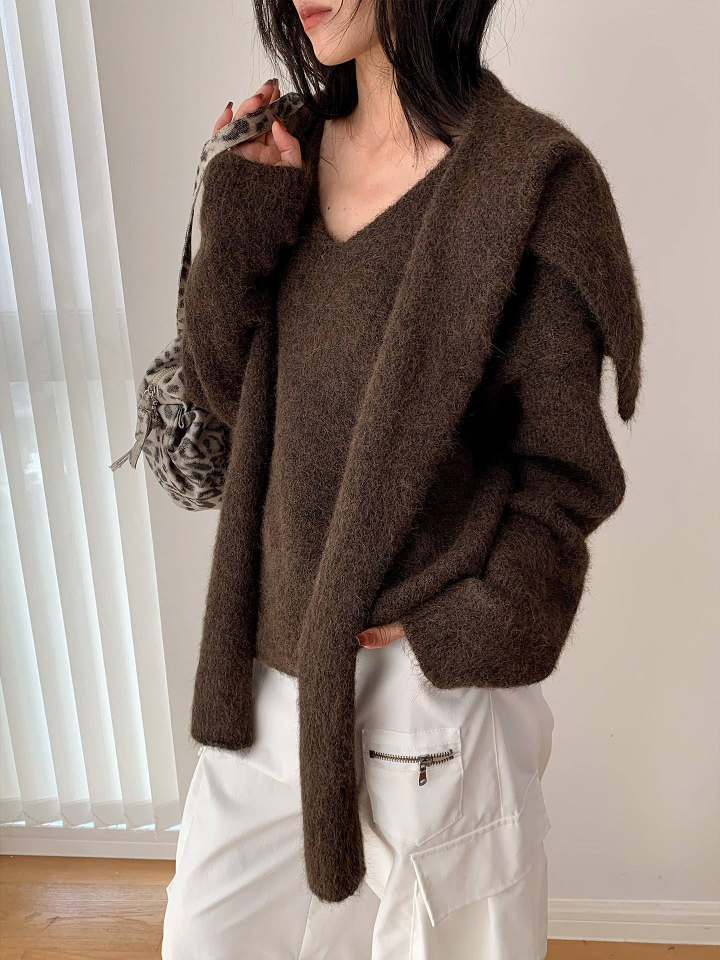 Fluffy V-Neck Knit Sweater with Scarf