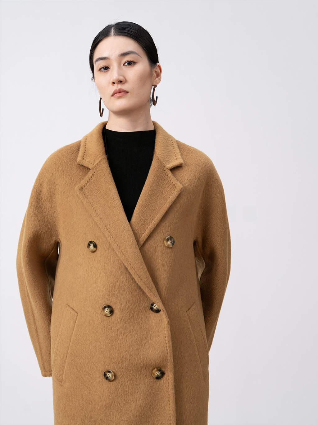 100% Camel Hair Velvet Double-Row Mid-Length Coat