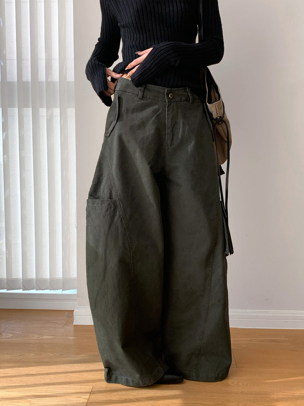 Baggy Wide Leg Cargo Pants with Angled Seam Detail