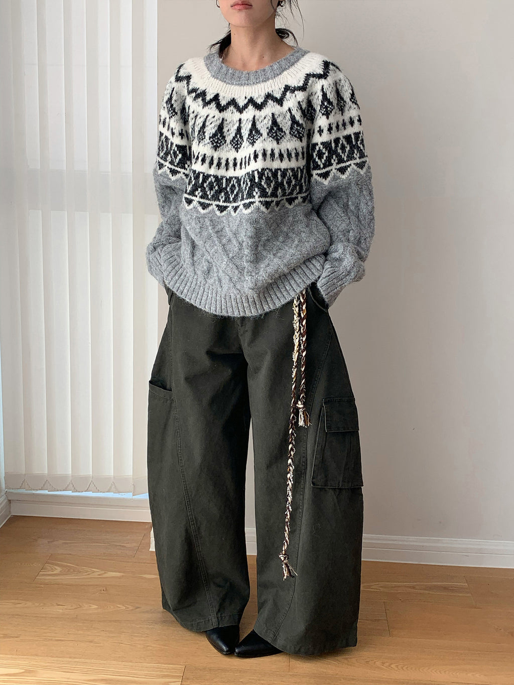 Baggy Wide Leg Cargo Pants with Angled Seam Detail