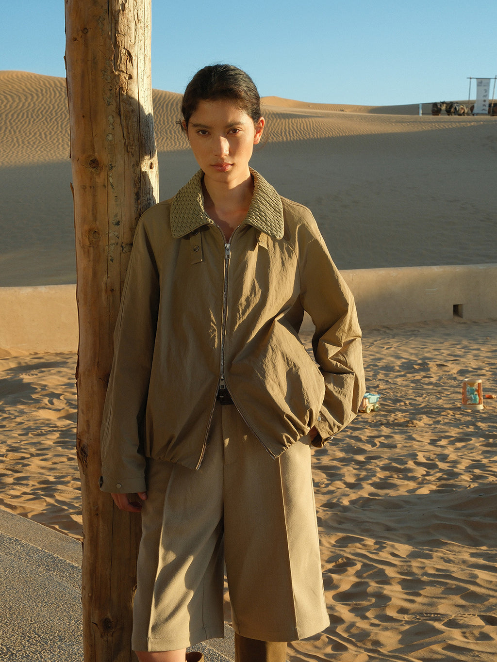 Woven Collar Double Zipper Windbreaker Jacket