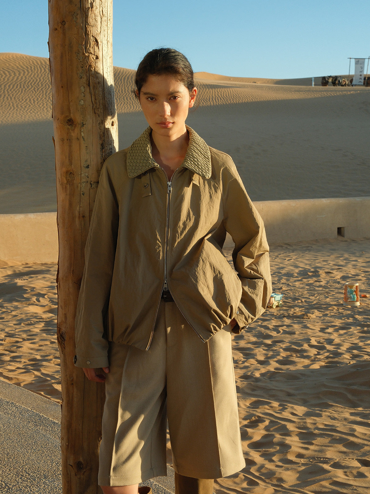 Woven Collar Double Zipper Windbreaker Jacket