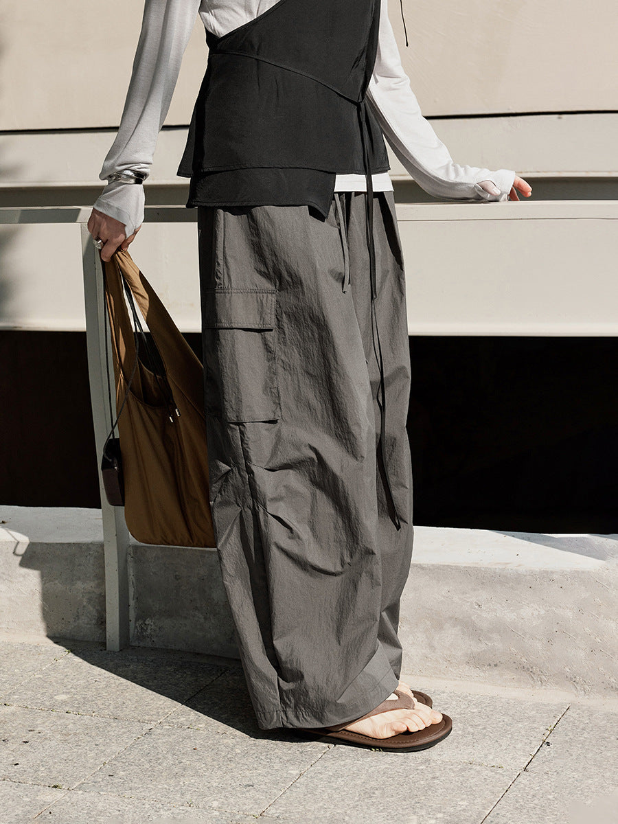 Drawstring Wide-Leg Nylon Cargo Pants