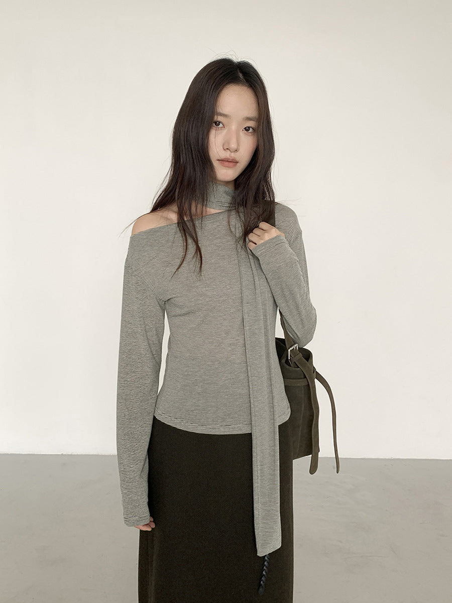 Asymmetric Off-Shoulder Draped Knit Top with Scarf