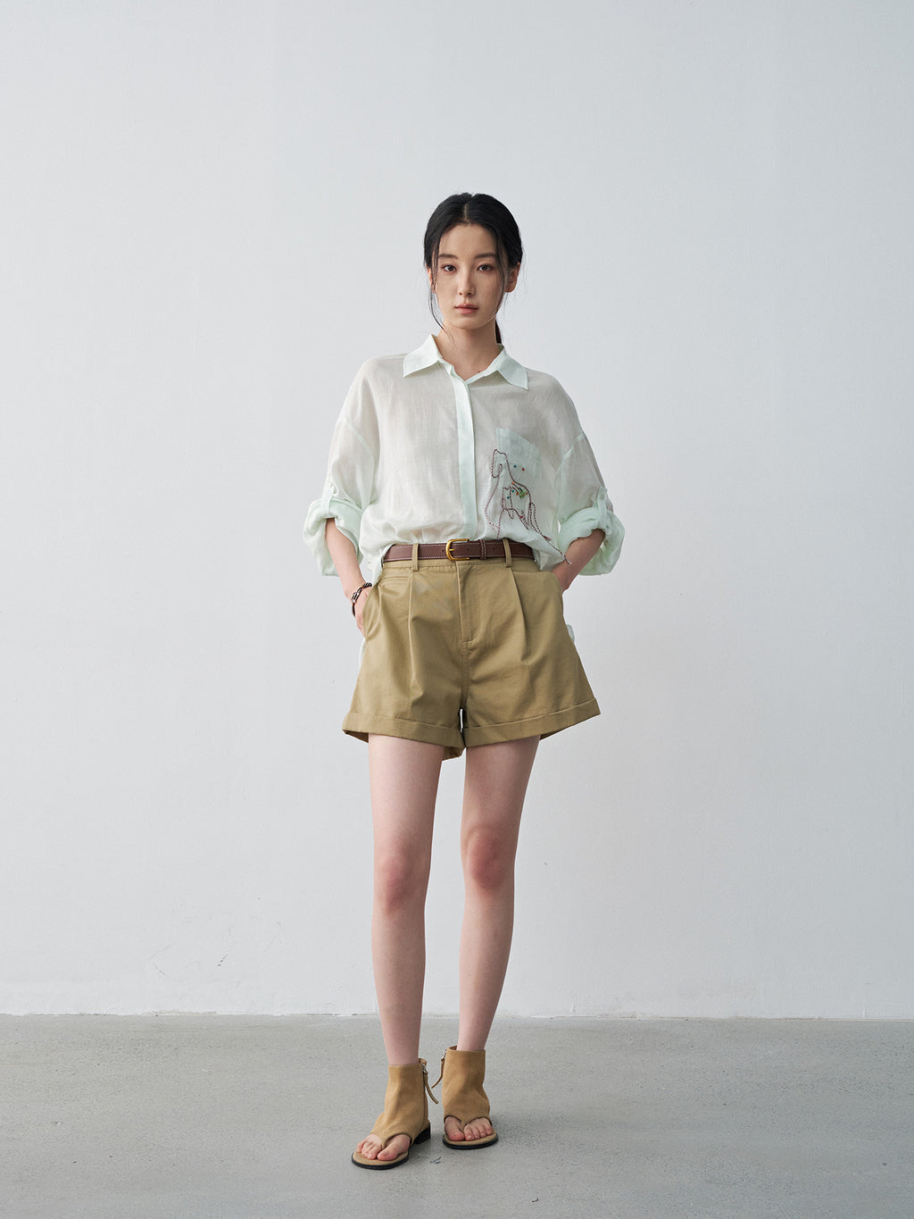 Pleated Mid-rise Rolled Edge Straight Leg Shorts