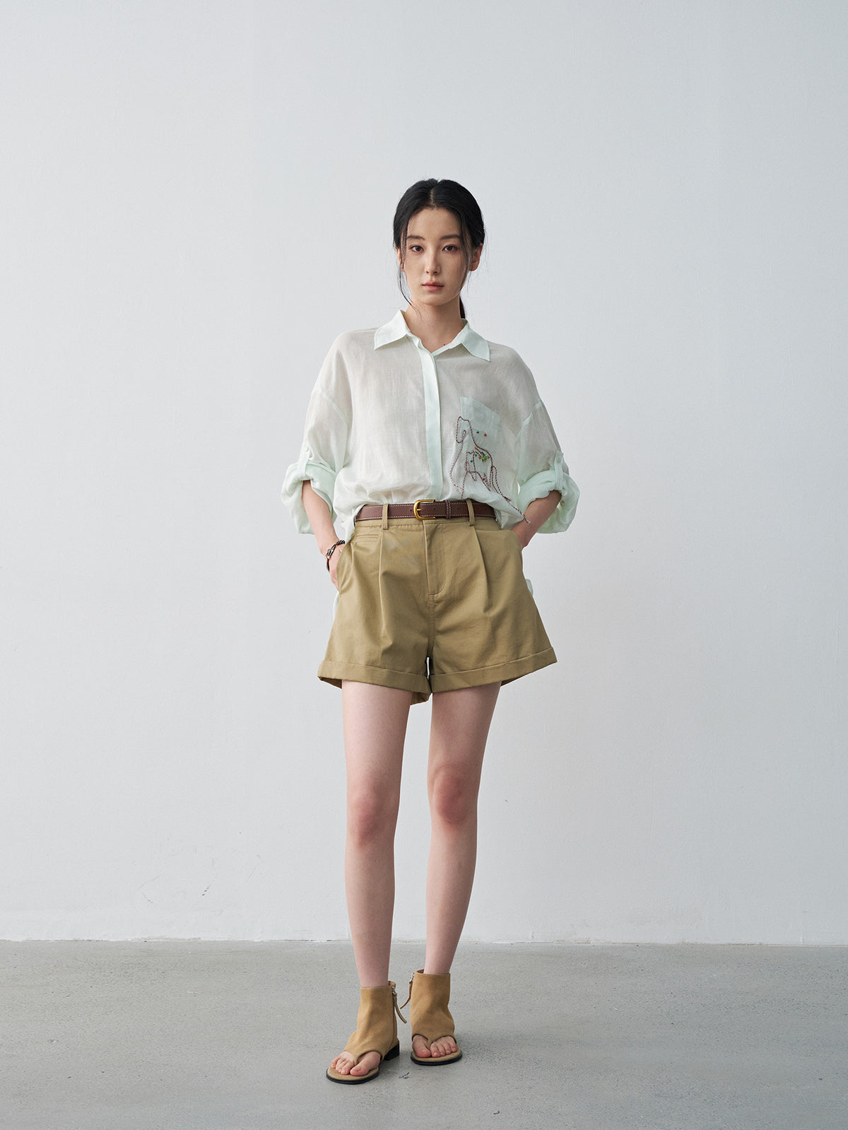 Pleated Mid-rise Rolled Edge Straight Leg Shorts