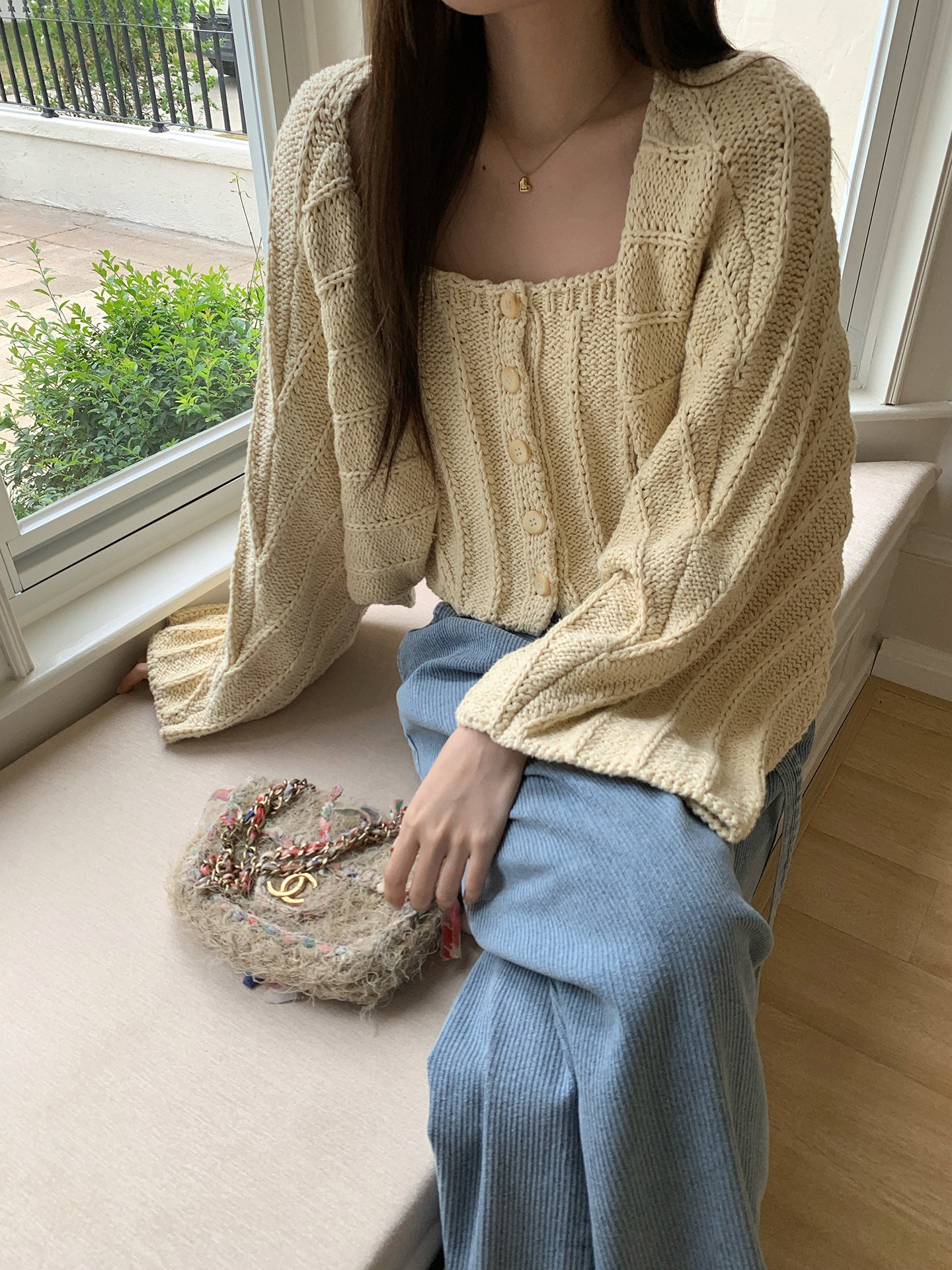 Thick Thread Knitted Long-sleeved Cardigan Shawl