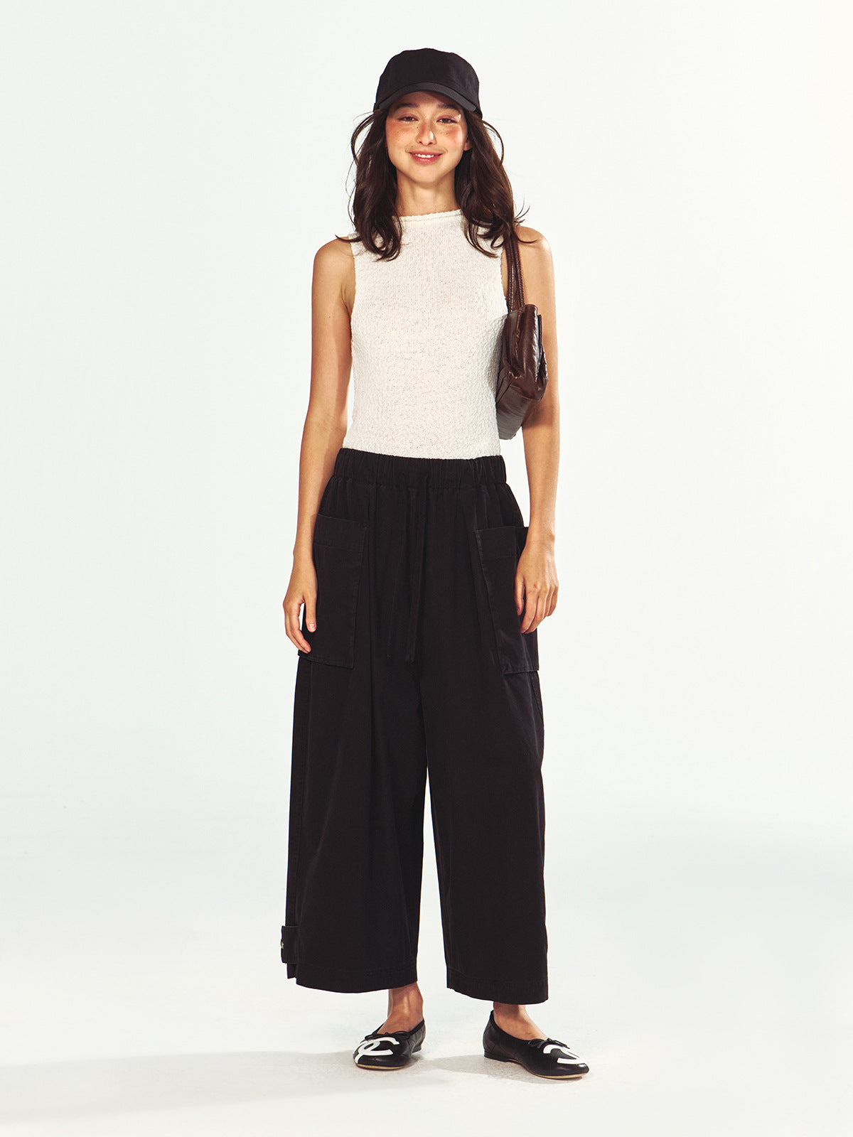 Textured Cotton Half-High Collar Rolled-Edge Sleeveless Top