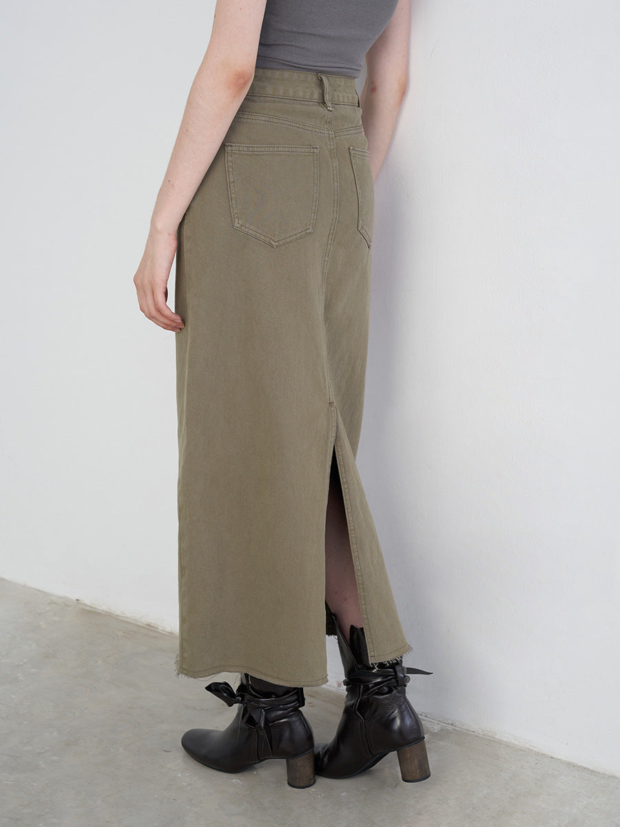 High Waist Straight Vintage Wash Denim Maxi Skirt