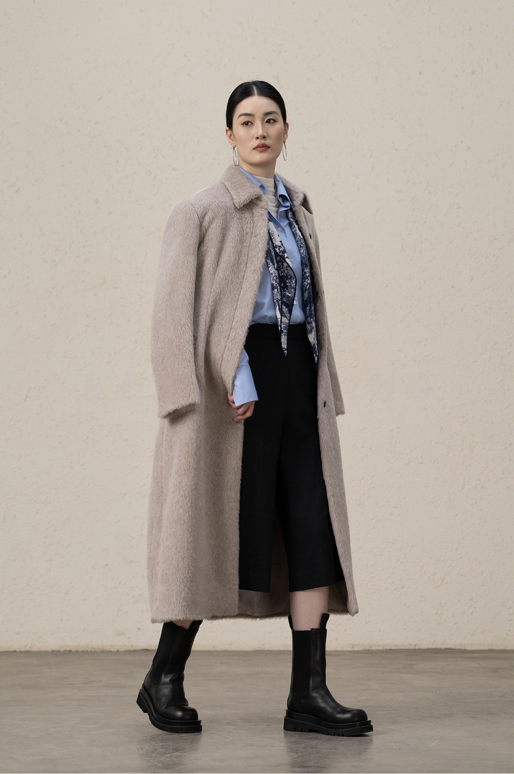 Suri Alpaca & Merino Wool Buttoned Shearling Long Coat