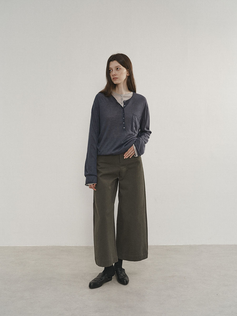 High-Waist Solid Color Cotton Slight Stretch Wide-Leg Cropped Pants