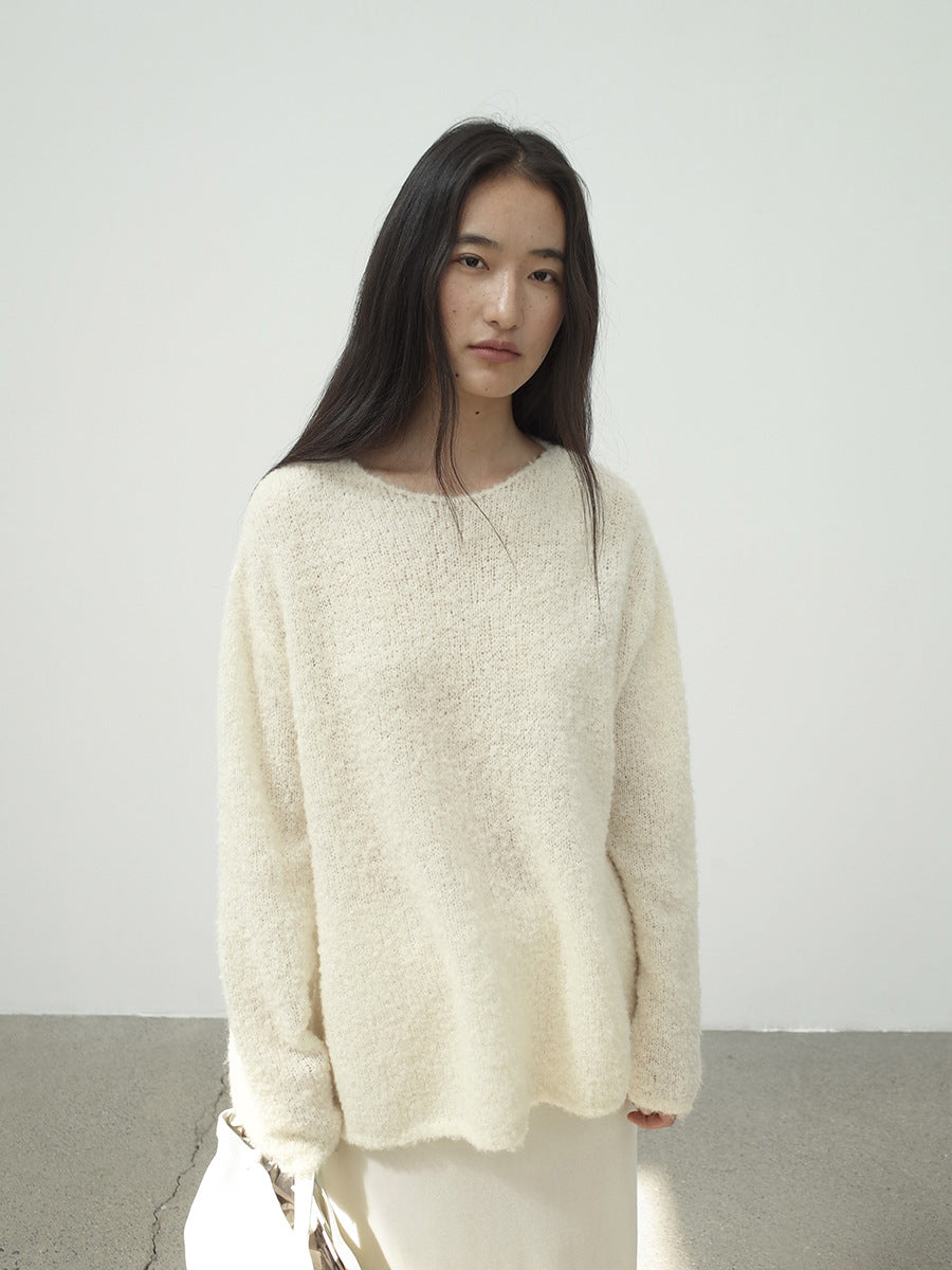 Textured Drawstring Mohair Wool Neck Knit Long-Sleeve Top