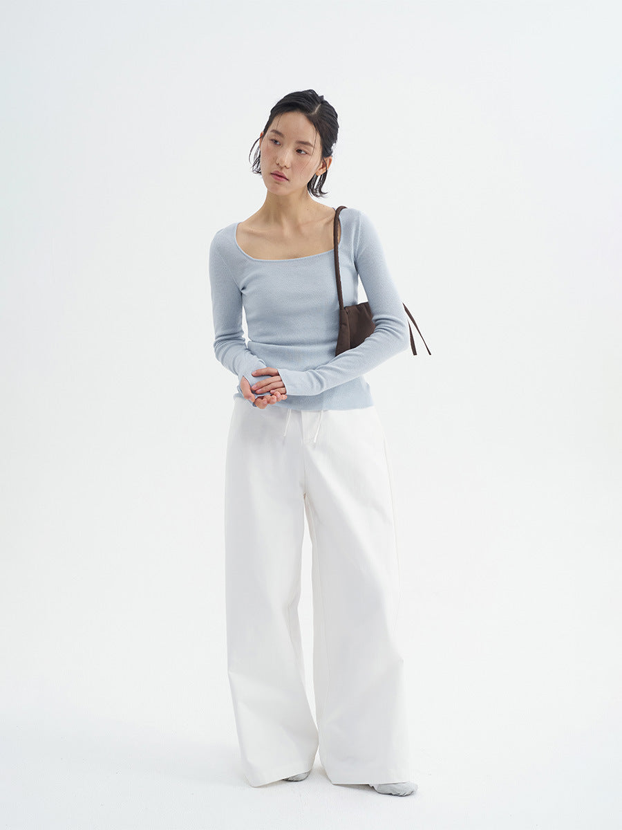 Wide-leg High-waist Solid Color Pants