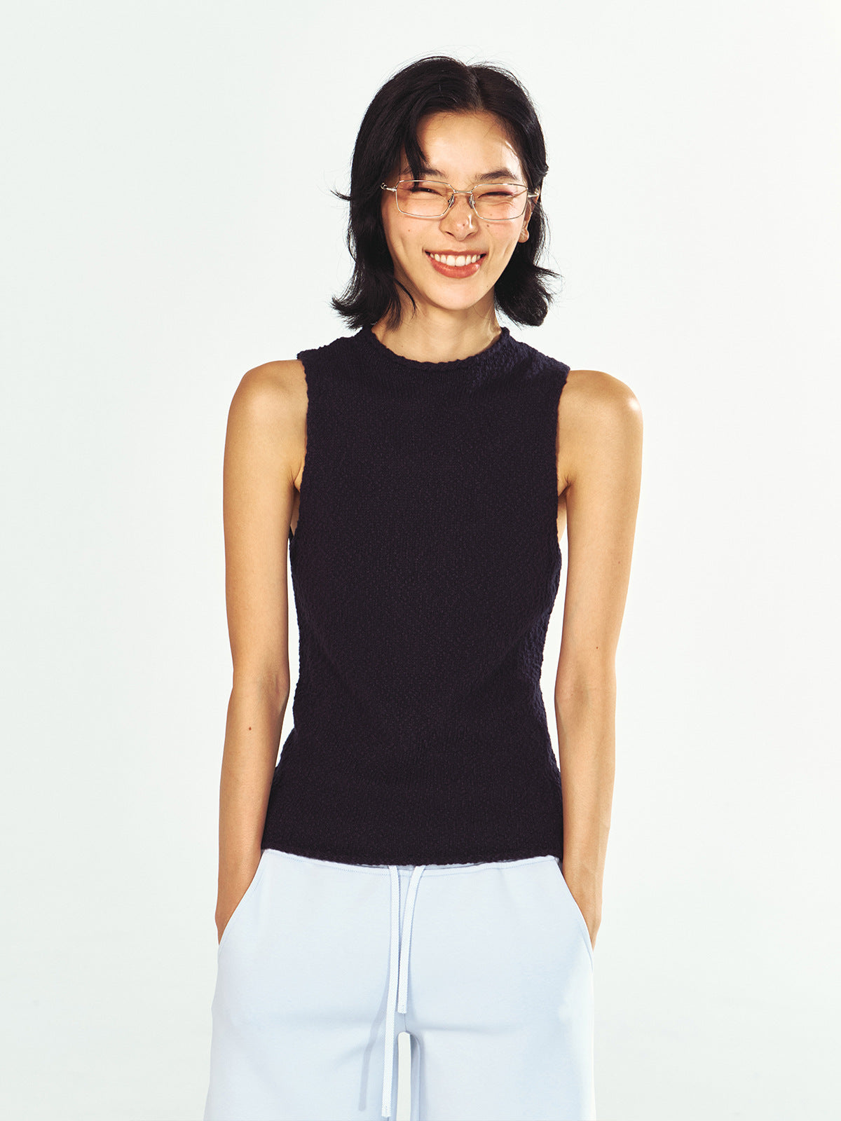 Textured Cotton Half-High Collar Rolled-Edge Sleeveless Top