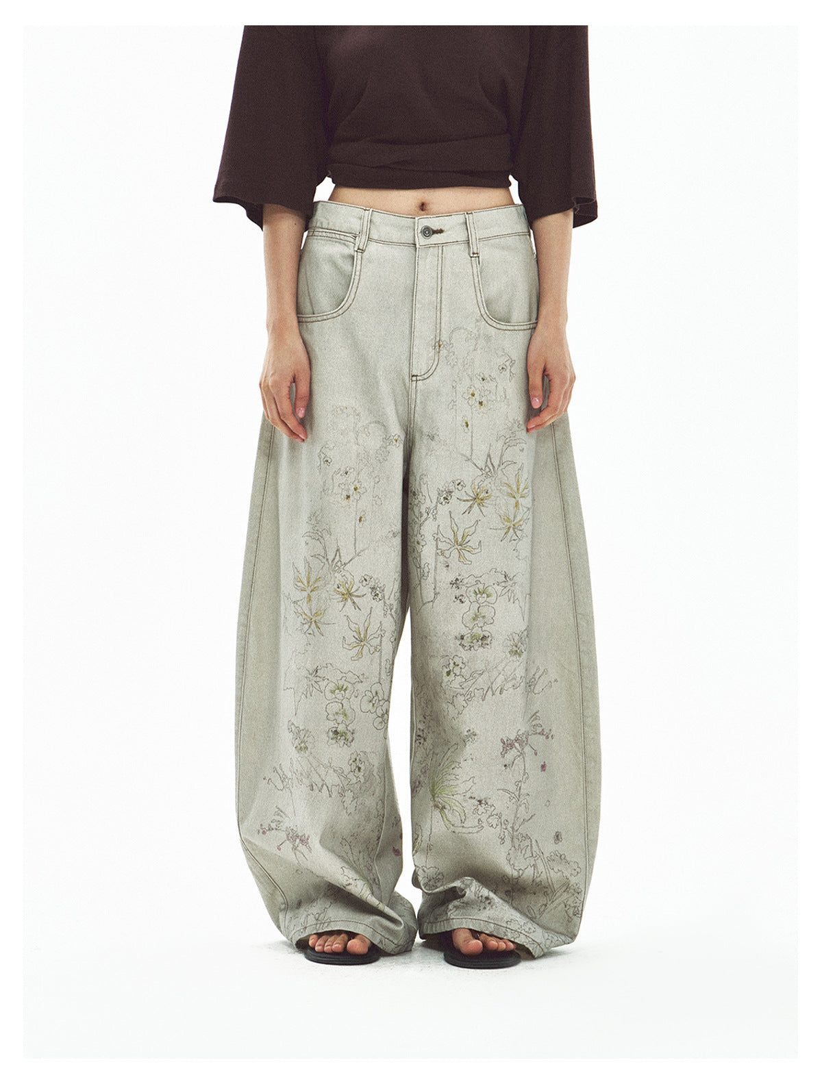 Stylish Flower Design Baggy Jeans