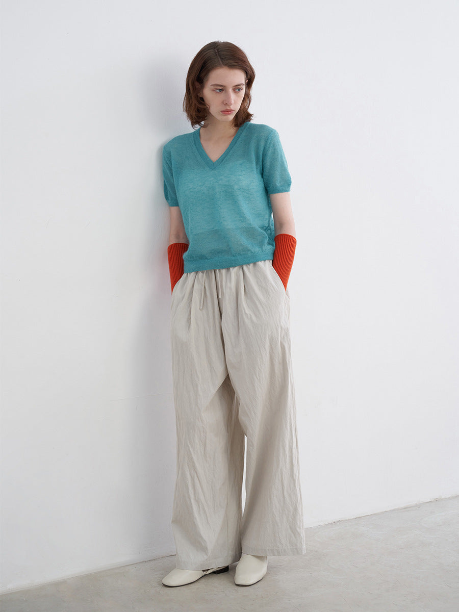 Lightweight Elastic Waist Draped Wide-Leg Pants