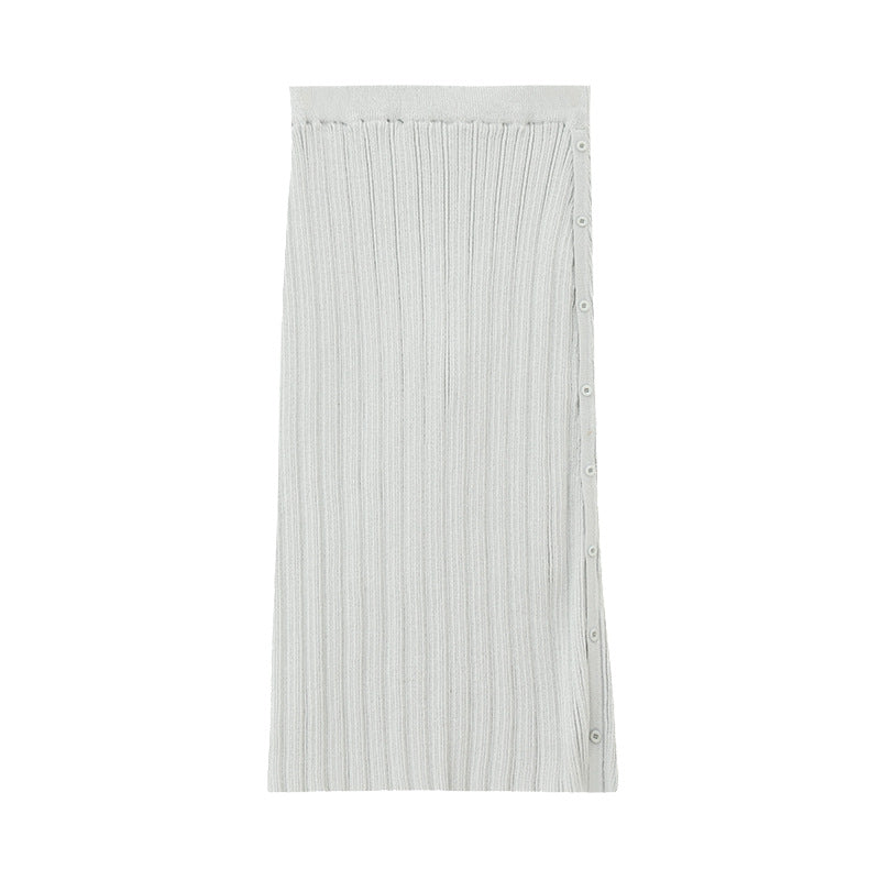 Ribbed Knit Midi Buttoned-Side Slim Skirt