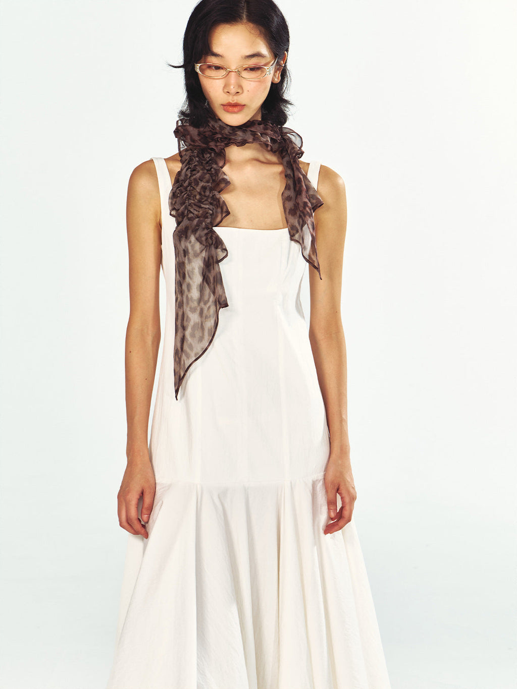 Square-Neck Fitted Bodice Midi Dress with Gathered Flare Skirt