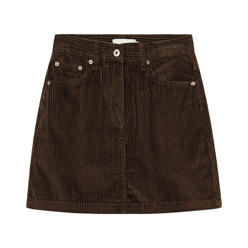Brown corduroy mini skirt on a white background