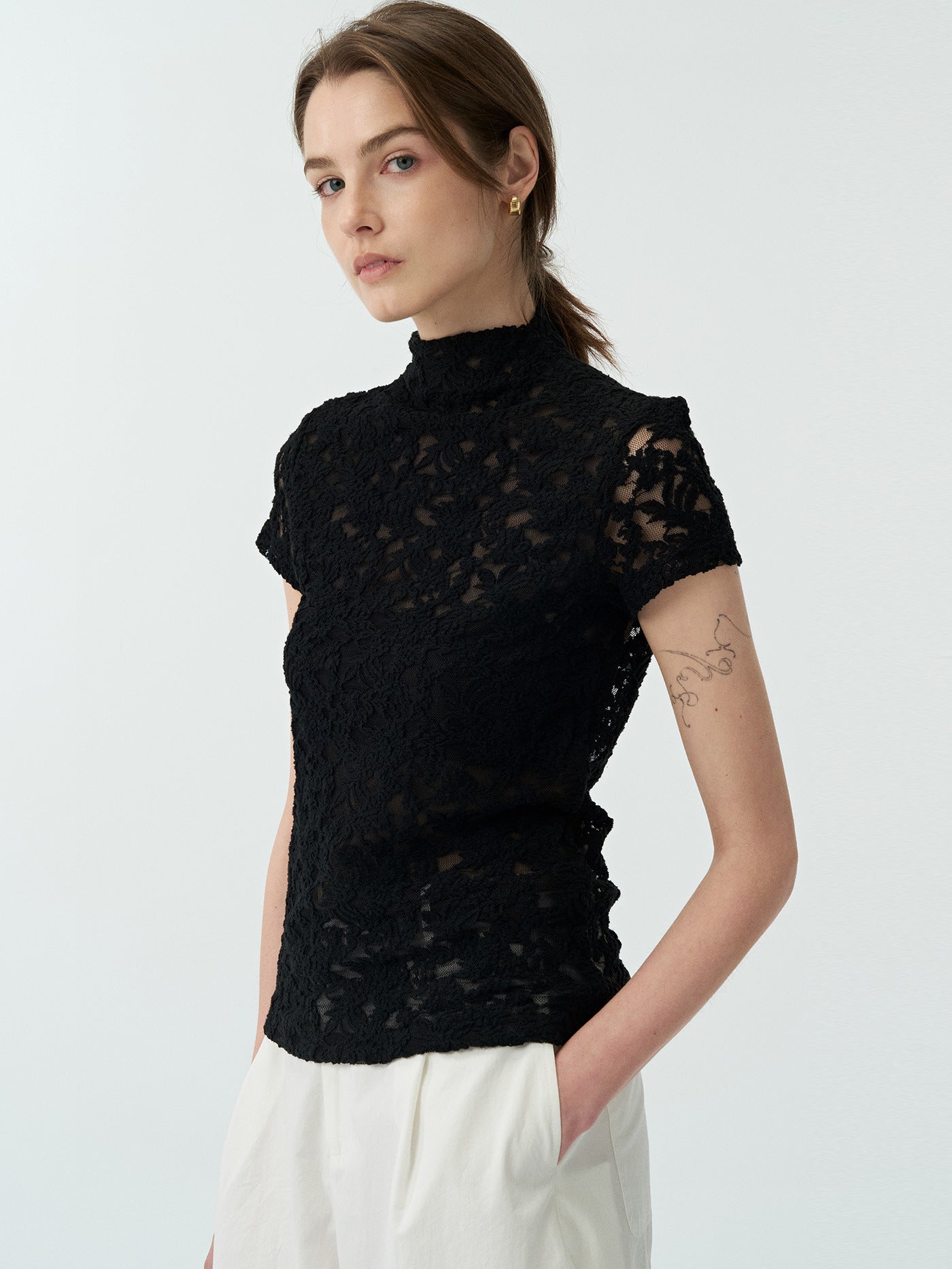 Lace Stand-collar Cut-out T-shirt Top