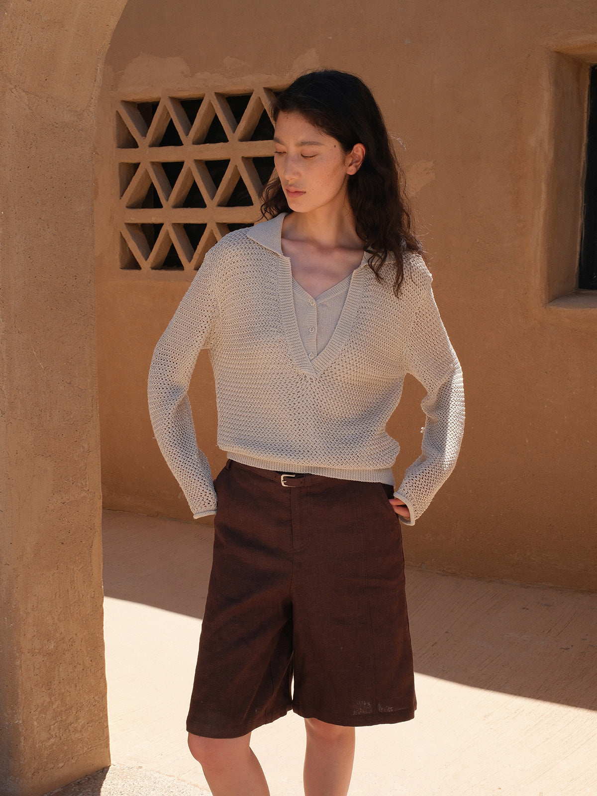 Linen Wide-Leg Mid-Length Shorts with Linen Belt