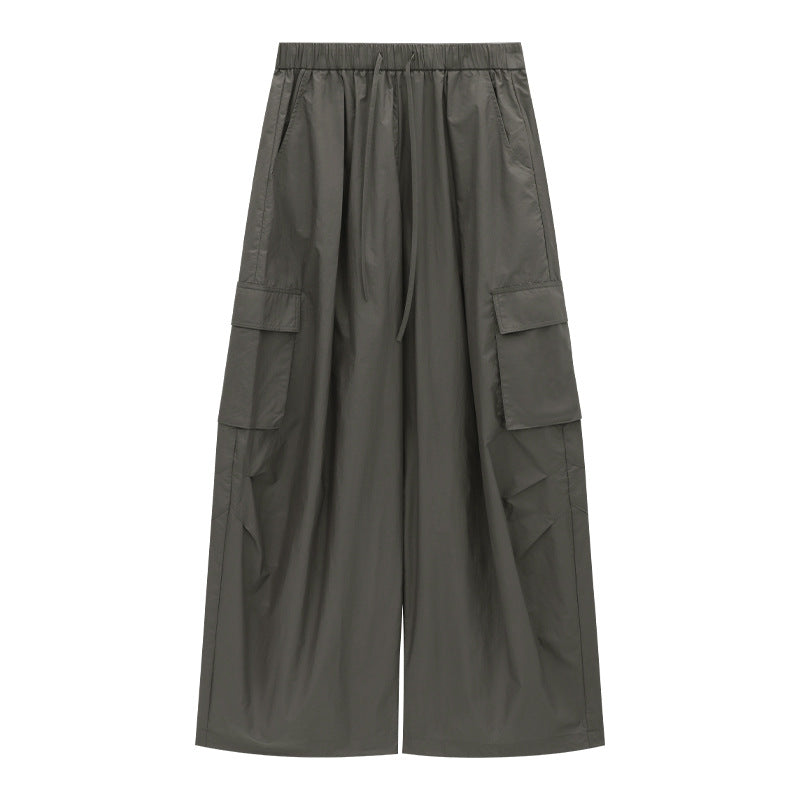 Drawstring Wide-Leg Nylon Cargo Pants