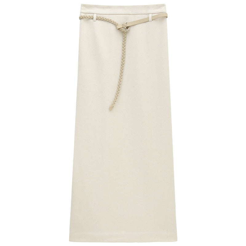 Hepburn Style Wool Straight Cut Maxi Skirt with Stylish Rope Belt