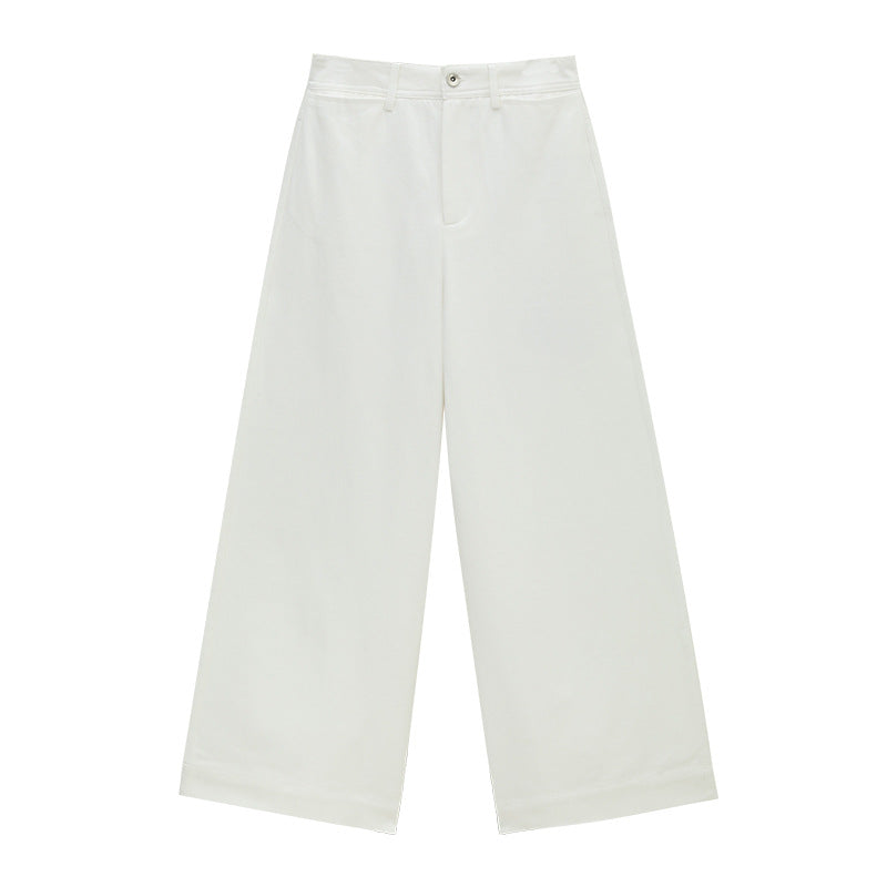 High-Waist Solid Color Cotton Slight Stretch Wide-Leg Cropped Pants