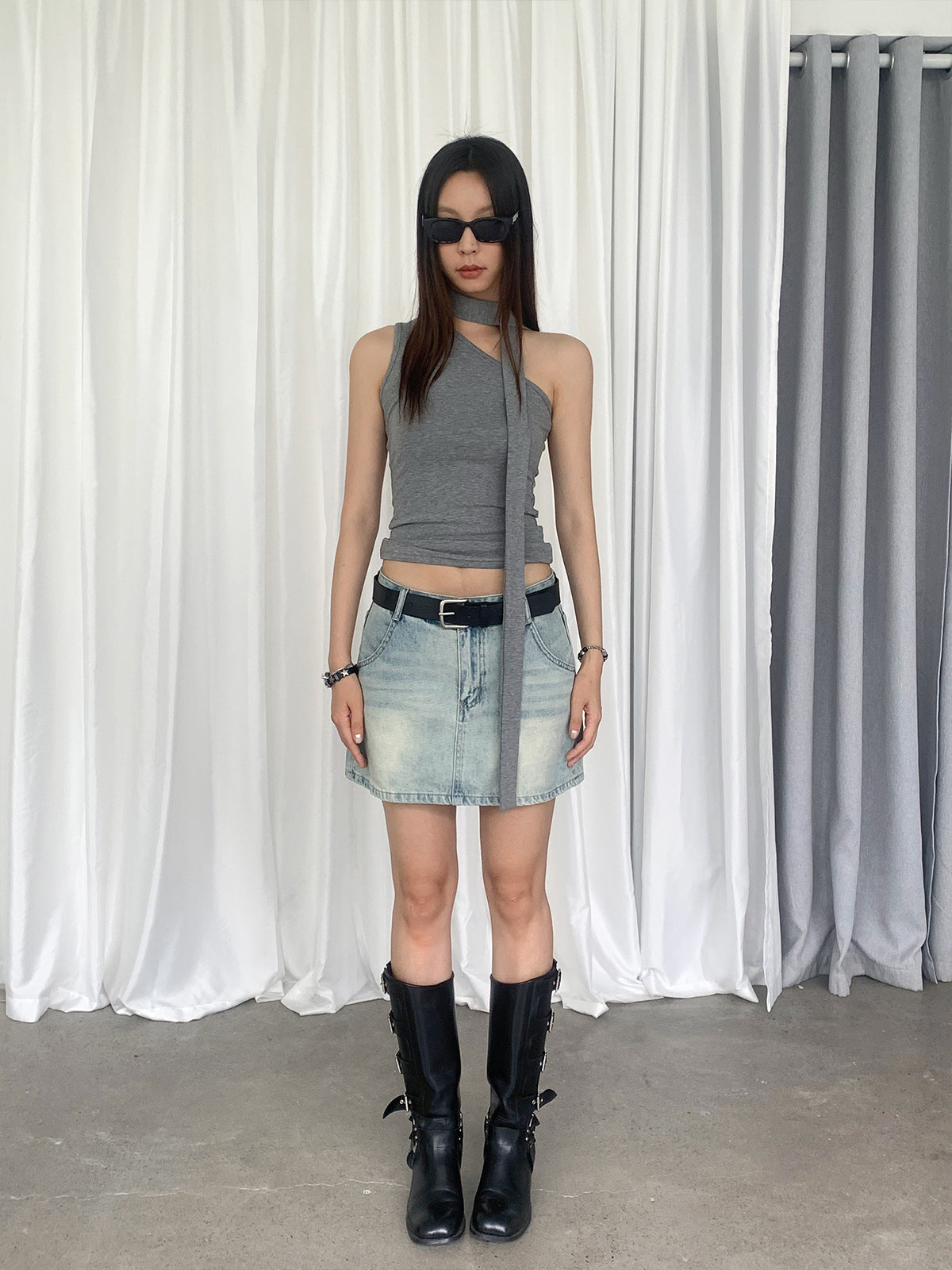One Shoulder Mock Neck Scarf Tank Top