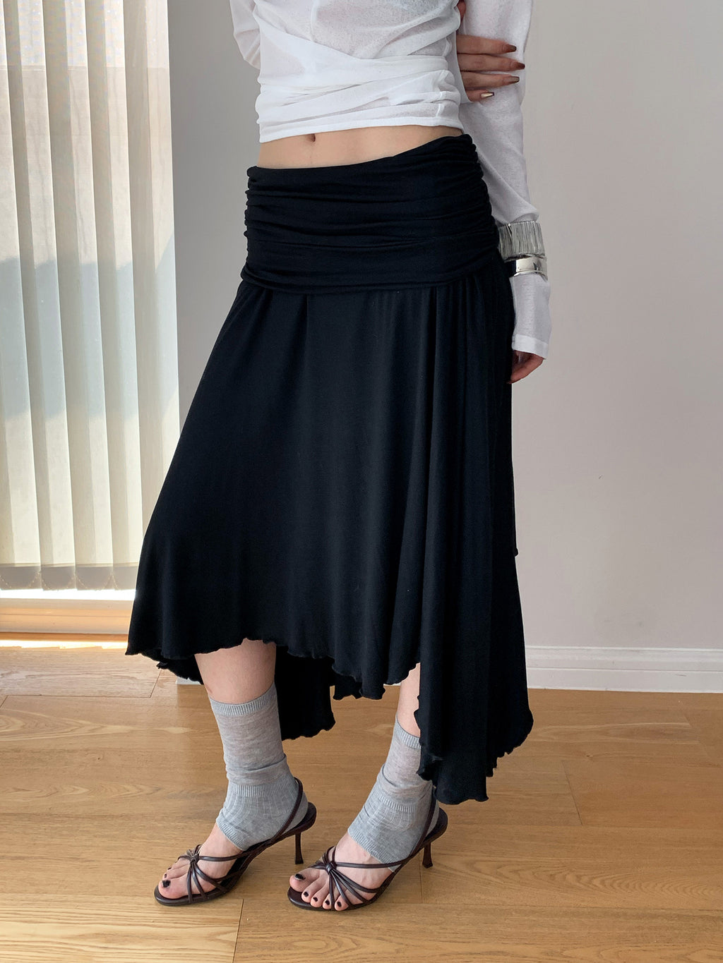High-waisted Pleated Irregular Hem Midi Skirt
