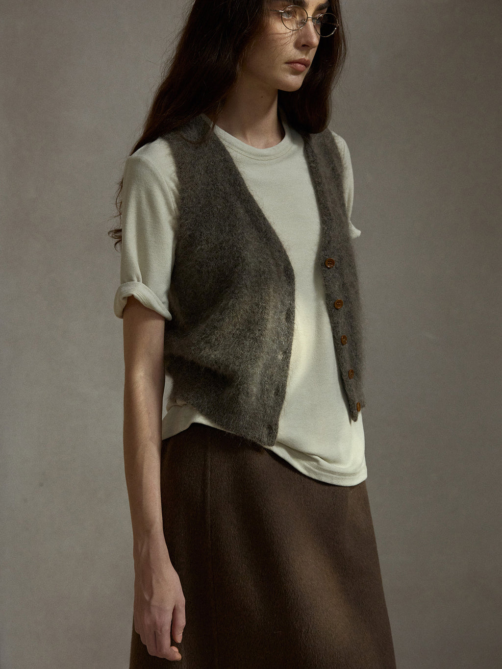 Fluffy Mohair V-Neck Knitted Sleeveless Cardigan Vest