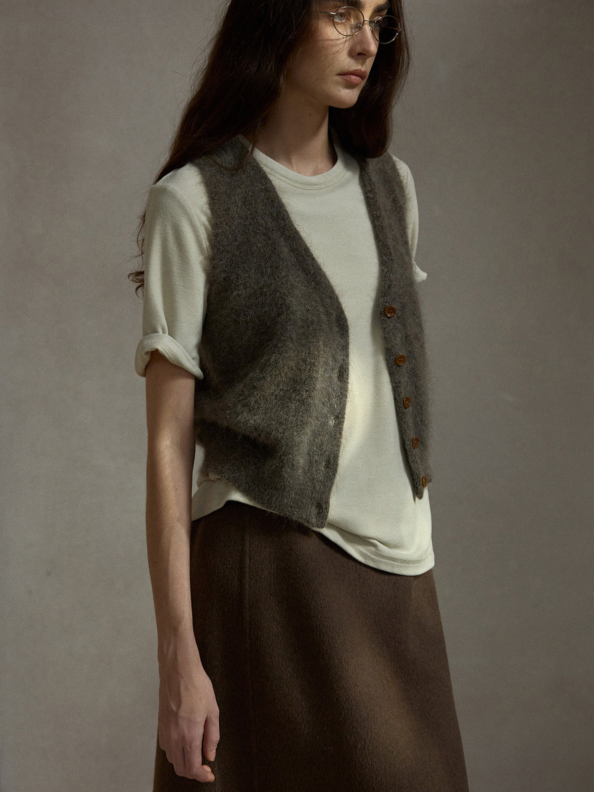 Fluffy Mohair V-Neck Knitted Sleeveless Cardigan Vest