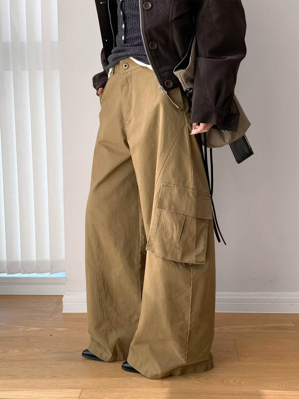 Baggy Wide Leg Cargo Pants with Angled Seam Detail