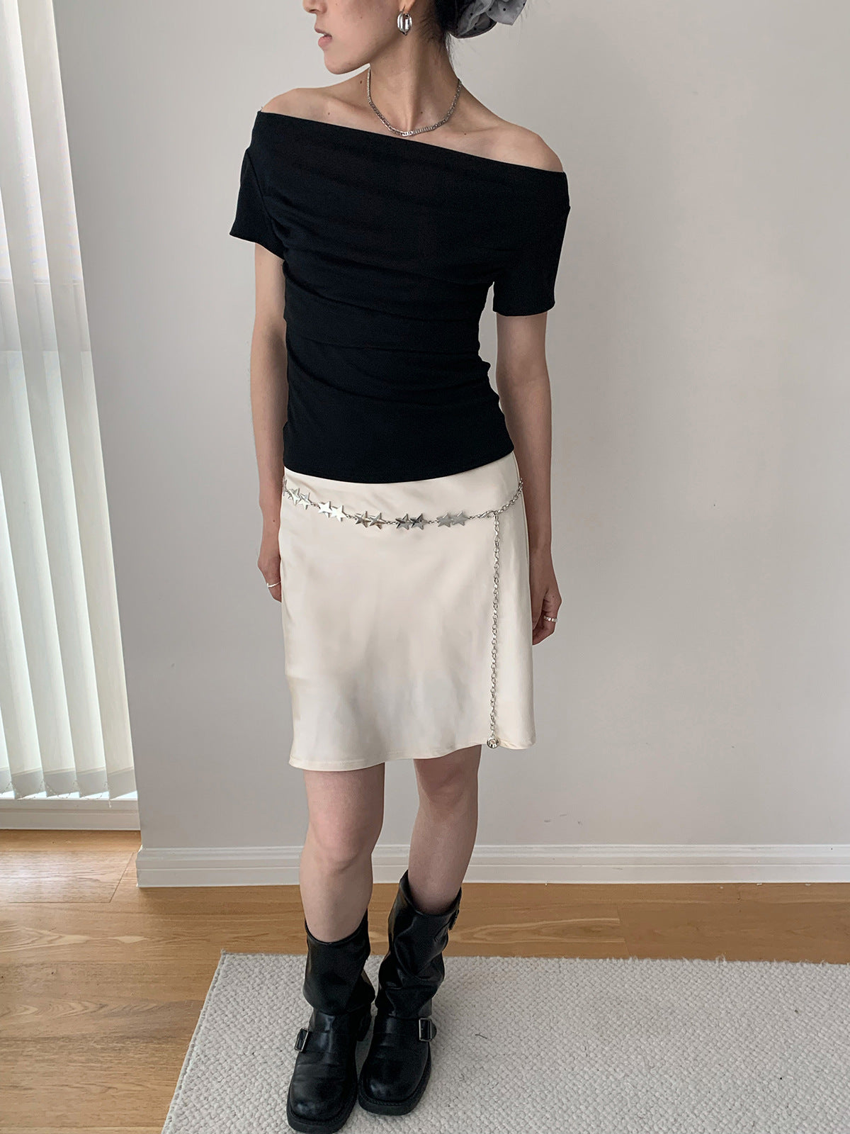 Draped Boat Neck Ruched Fitted T-Shirt