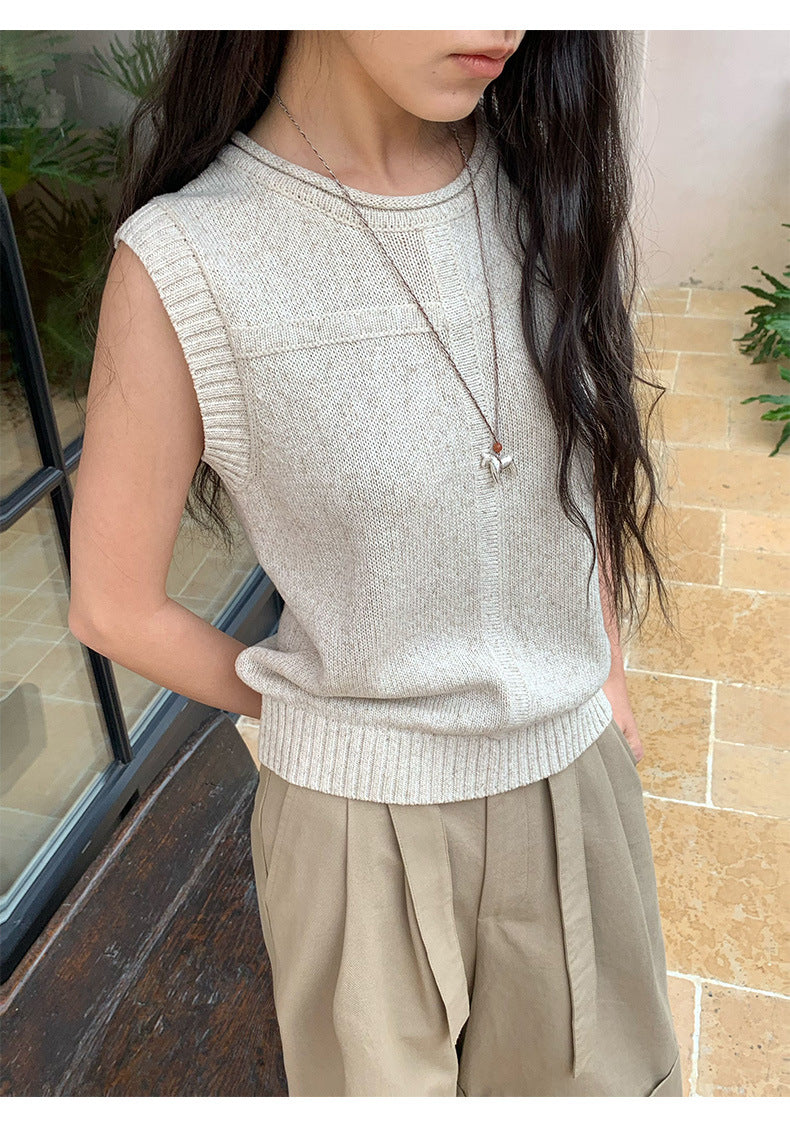 Linen Blend Roll-Neck Wool Sleeveless Knitwear Top